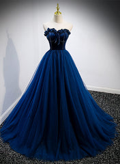 Party Dresses Long Sleeve, Navy Blue Velvet Top and Tulle Long Formal Dress, Blue Sweetheart Prom Dress