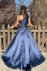 Navy One Shoulder A-Line Long Prom Dress