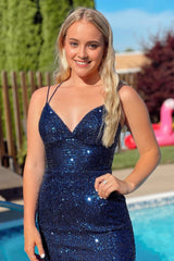 Navy Sequins Backless Tight Homecoming Dress