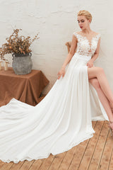 Wedding Dresses Vintag, Neck Lace Top White Wedding Dresses with Slit