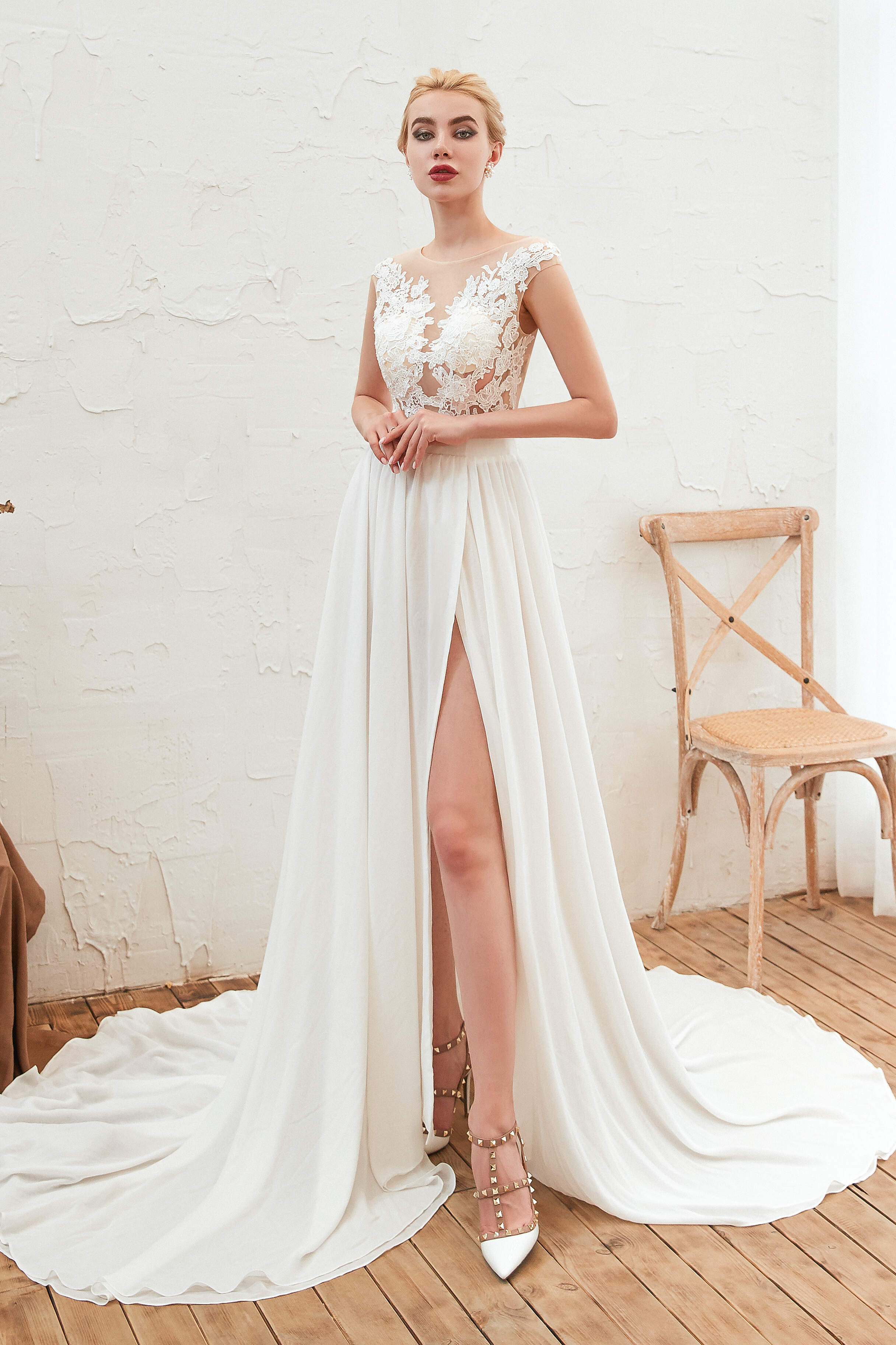 Wedsing Dress Vintage, Neck Lace Top White Wedding Dresses with Slit