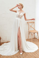 Wedding Dresse Vintage, Neck Lace Top White Wedding Dresses with Slit