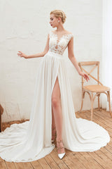 Wed Dresses Vintage, Neck Lace Top White Wedding Dresses with Slit