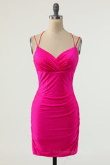 Prom Dress Gown, Neon Pink Beaded Bodycon Mini Party Dress