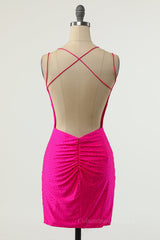 Prom Dresses Gown, Neon Pink Beaded Bodycon Mini Party Dress