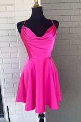 Formal Dresses For Ladies Over 55, Neon Pink Lace-Up A-Line Satin Homecoming Dress,Night Dress Party Short
