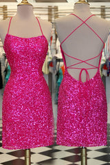 Evening Dress Near Me, Neon Pink Sequin Bodycon Mini Homecoming Dresses