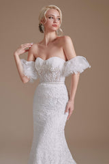 Wedding Dresses For Dancing, Sweetheart Puff Sleeve Off the Shoulder Lace Long Wedding Dresses