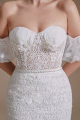 Wedding Dresses Under, Sweetheart Puff Sleeve Off the Shoulder Lace Long Wedding Dresses