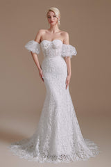 Wedding Dress Chic, Sweetheart Puff Sleeve Off the Shoulder Lace Long Wedding Dresses
