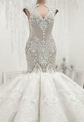 Wedding Dresses Vintage Style, New Arrival V Neck Cap Sleeve Beads Crystals Mermaid Wedding Dress Lace Applique