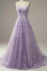 Navy Blue Dress, Light Purple Lace Applique A Line Spaghetti Straps Prom Dress Evening Gown