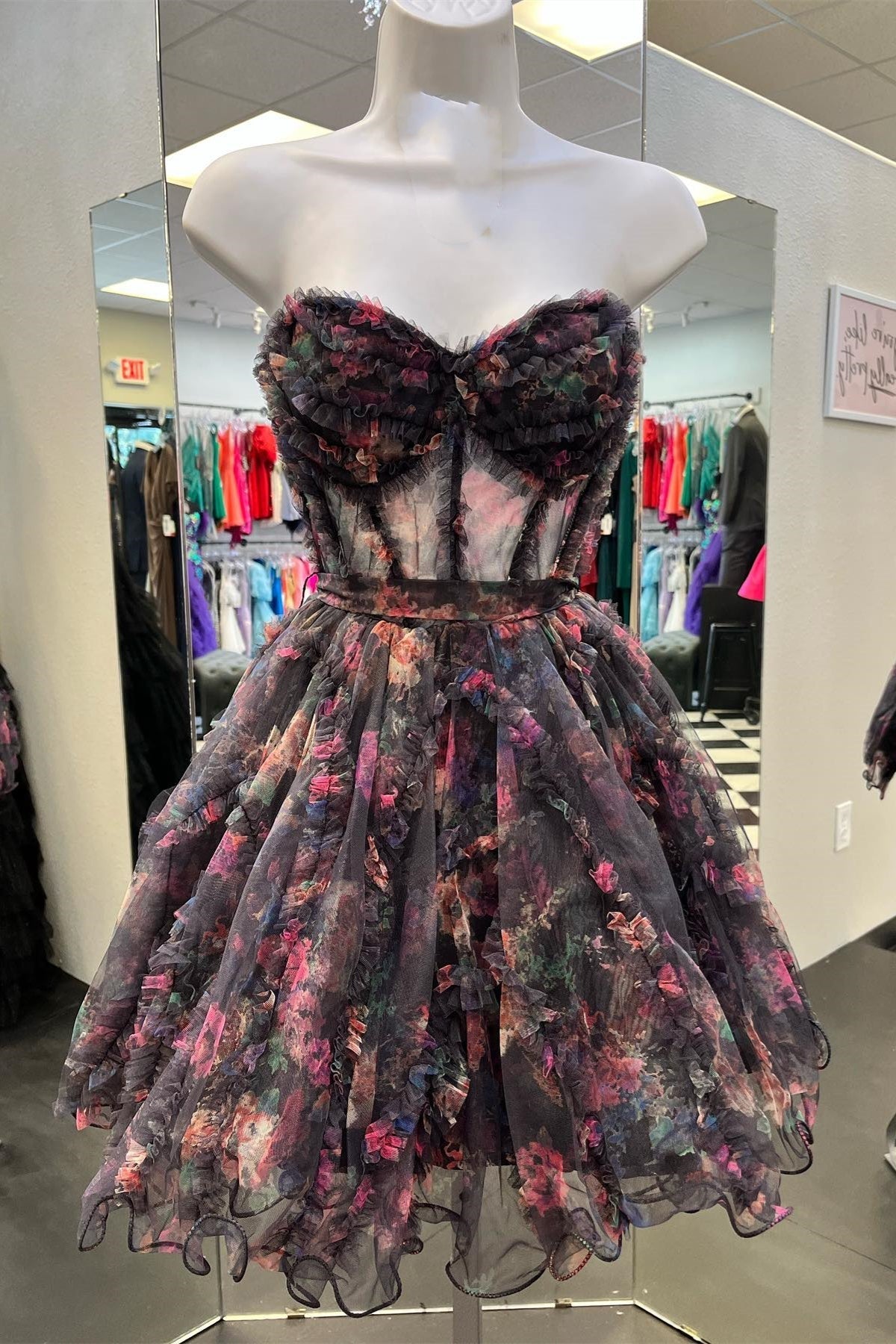 Formal Dresses Online, Flower Prints Strapless A-line Tulle Ruffled Homecoming Dress