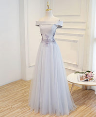 Party Dress Mid Length, Gray A Line Off Shoulder Floor Length Prom Dress, Lace Evening Dress