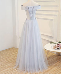 Party Dresses Night Out, Gray A Line Off Shoulder Floor Length Prom Dress, Lace Evening Dress
