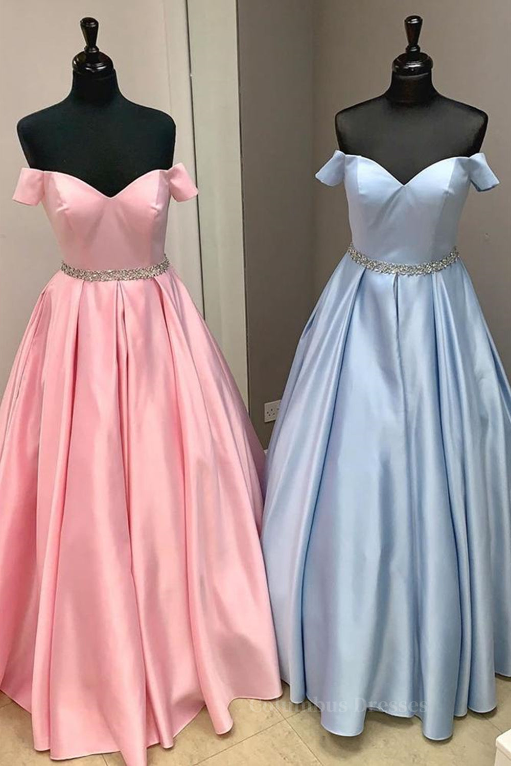 Ruffle Dress, Off Shoulder Blue Long Prom Dresses with Belt, Pink Formal Dresses, Blue Evening Dresses