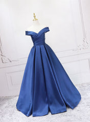 Party Dresses For 14 Year Olds, Off Shoulder Blue Satin A-line Floor Length Prom Dress, Blue Simple Formal Dress