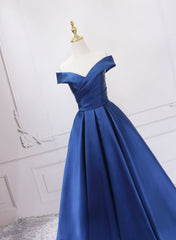 Party Dress Ideas For Winter, Off Shoulder Blue Satin A-line Floor Length Prom Dress, Blue Simple Formal Dress