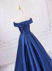 Party Dress Christmas, Off Shoulder Blue Satin A-line Floor Length Prom Dress, Blue Simple Formal Dress