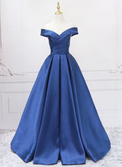Party Dresses Night Out, Off Shoulder Blue Satin A-line Floor Length Prom Dress, Blue Simple Formal Dress
