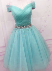Party Dress India, Off Shoulder Blue Tulle Prom Dresses, Cute Blue Homecoming Dresses