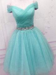 Party Dress Satin, Off Shoulder Blue Tulle Prom Dresses, Cute Blue Homecoming Dresses
