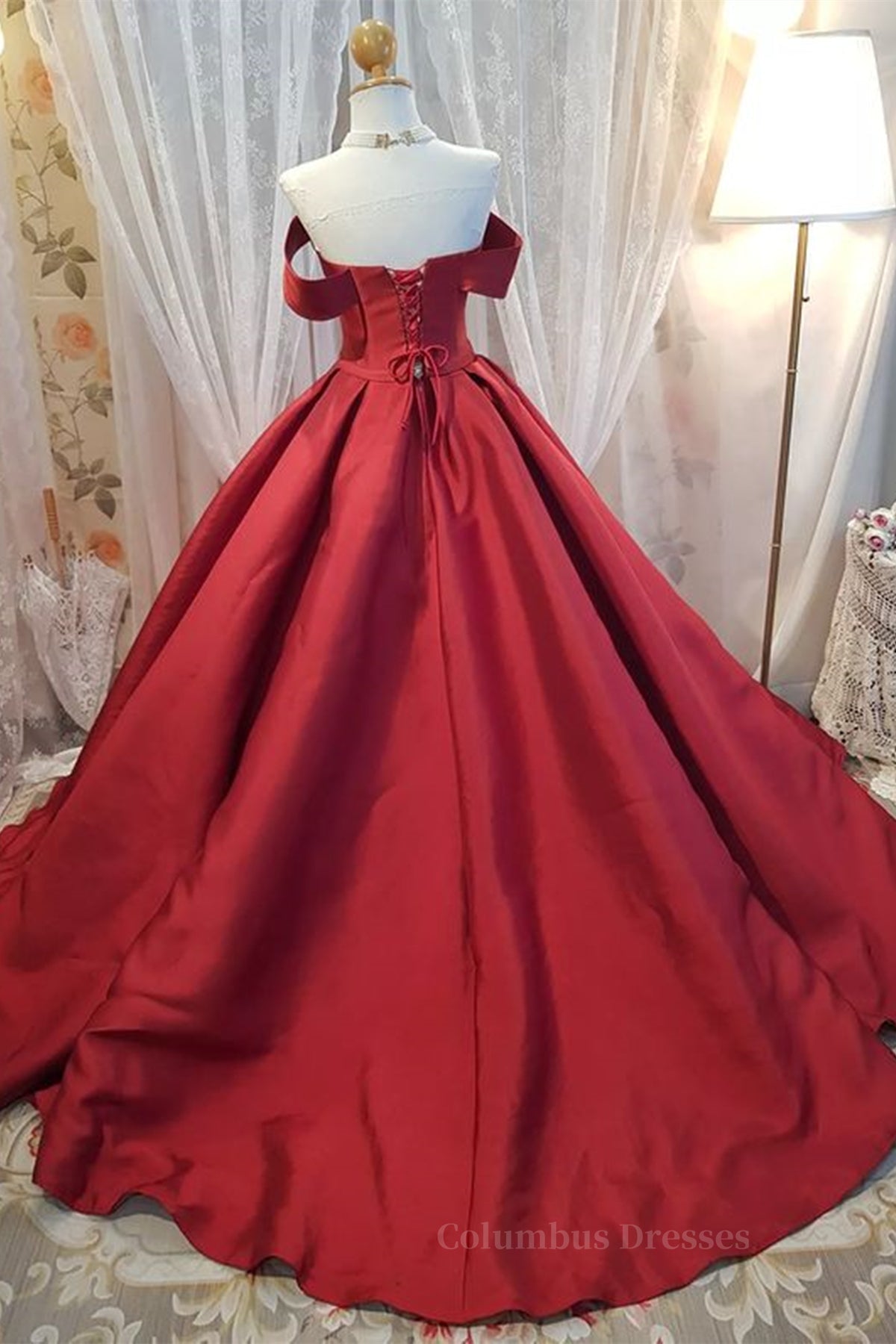 Unique Wedding Ideas, Off Shoulder Burgundy Satin Long Prom Dress, V Neck Burgundy Formal Evening Dress, Burgundy Ball Gown
