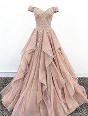 Homecoming Dress Beautiful, Off Shoulder Dusty Champagne Lace Cheap Long Evening Prom Dresses, Evening Party Prom Dresses