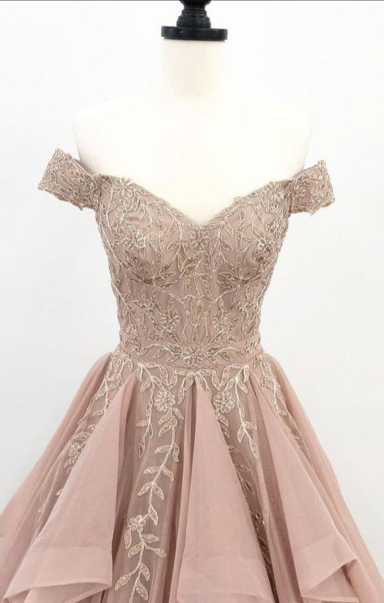 Homecoming Dresses 2028, Off Shoulder Dusty Champagne Lace Cheap Long Evening Prom Dresses, Evening Party Prom Dresses