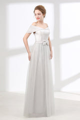 Party Dress For Baby, Off Shoulder Gray Formal Floor Length Prom Dresses