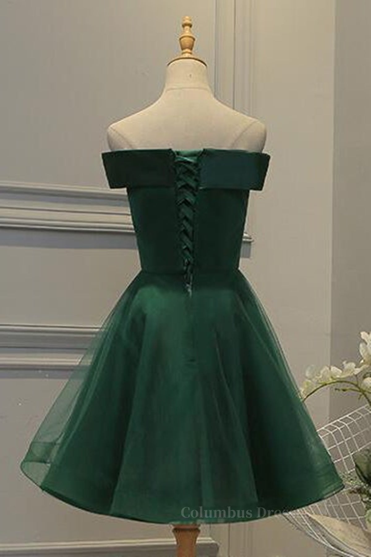 Bridesmaid Dresses Long Sleeve, Off Shoulder Green Lace Floral Prom Dress, Short Green Lace Homecoming Dress, Green Formal Evening Dress