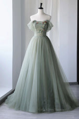 Party Dresses Website, Off Shoulder Green Tulle Floral Long Prom Dresses, Off the Shoulder Green Formal Evening Dresses with 3D Flowers