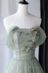 Party Dresses 2052, Off Shoulder Green Tulle Floral Long Prom Dresses, Off the Shoulder Green Formal Evening Dresses with 3D Flowers