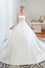 Wedding Dresses Lace Sleeve, Off-Shoulder Lace Satin Wedding Dresses with Sleeves