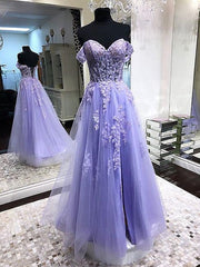 Evening Dress With Sleeve, Off Shoulder Lavender Lace Long Prom Dresses, Lilac Lace Formal Dresses, Purple Evening Dresses