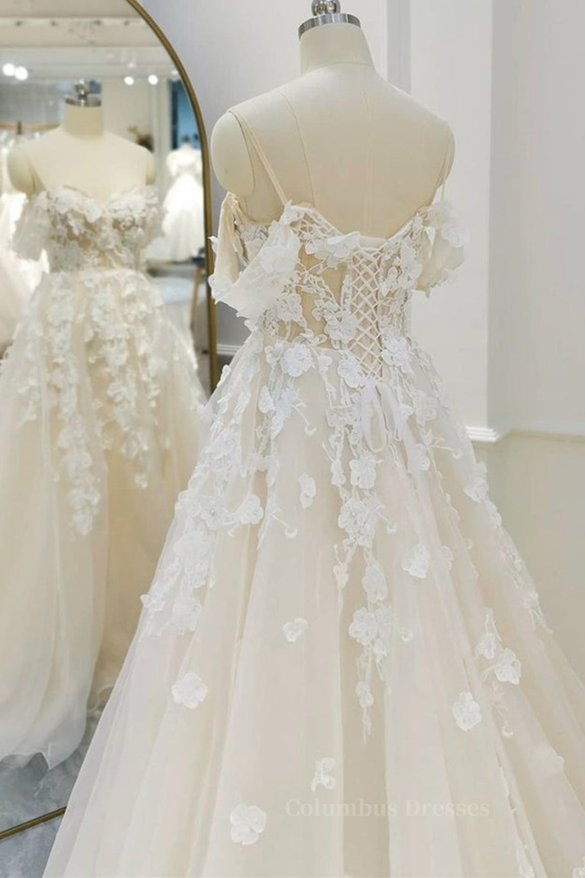 Bridesmaid Dresses 2056, Off Shoulder Light Champagne Tulle Lace Long Prom Dress, Light Champagne Lace Formal Evening Dress