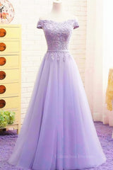 Bridesmaid Dress Inspiration, Off Shoulder Light Purple Lace Long Prom Dress, Off the Shoulder Lilac Lace Formal Dress, Purple Evening Dress