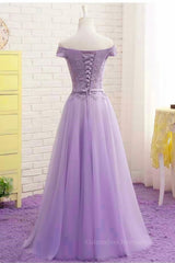 Bridesmaid Dress Idea, Off Shoulder Light Purple Lace Long Prom Dress, Off the Shoulder Lilac Lace Formal Dress, Purple Evening Dress