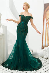 Prom Dresses Backless, Off Shoulder Mermaid Dark Green Formal Evening Dresses with Lace