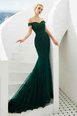 Prom Dress Backless, Off Shoulder Mermaid Dark Green Formal Evening Dresses with Lace