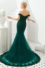 Prom Dresses Around Me, Off Shoulder Mermaid Dark Green Formal Evening Dresses with Lace