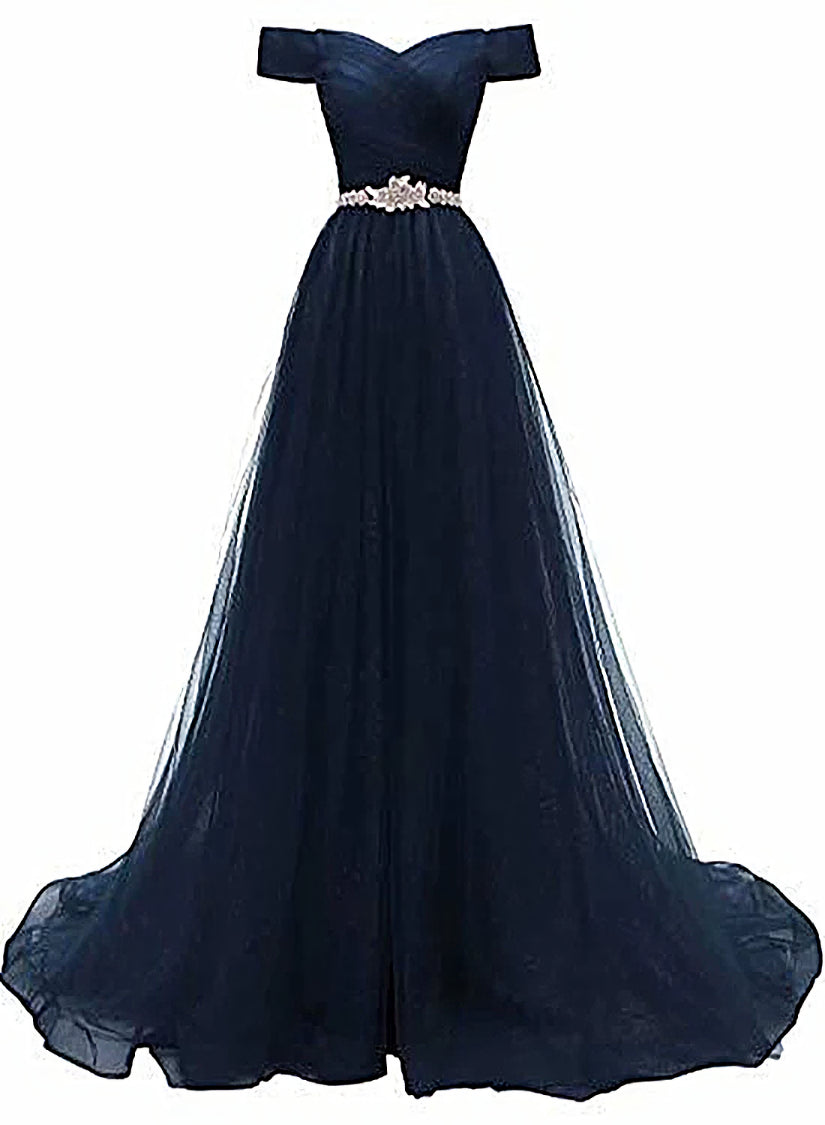 Bridesmaids Dress Blue, Off Shoulder Navy Blue Party Dress, A-line Tulle Blue Bridesmaid Dress