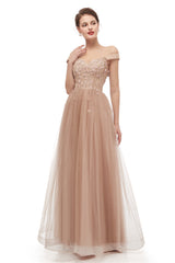 Prom Dresses Black Girl, Off-Shoulder Pearls Applique A-Line Tulle Prom Dresses