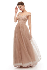 Prom Dress Black Girl, Off-Shoulder Pearls Applique A-Line Tulle Prom Dresses