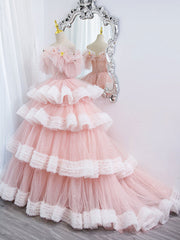 Bridesmaid Dresses Winter, Off Shoulder Pink Long Prom Dresses, Ball Gown Pink Sweet 16 Dresses