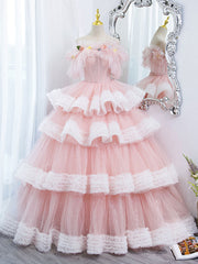 Bridesmaids Dresses Summer Wedding, Off Shoulder Pink Long Prom Dresses, Ball Gown Pink Sweet 16 Dresses