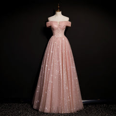 Wedding Guest Dress, Off Shoulder Pink Tulle Long A-line Prom Dress with Beadings, Pink Long Party Dress Evening Dress