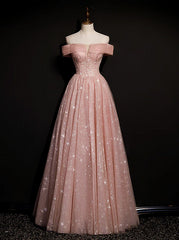 Prom Dresses Orange, Off Shoulder Pink Tulle Long A-line Prom Dress with Beadings, Pink Long Party Dress Evening Dress