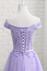 Bridesmaid Dresses With Lace, Off Shoulder Purple Lace Short Prom Dress, Lilac Lace Homecoming Dress, Short Purple Formal Evening Dress