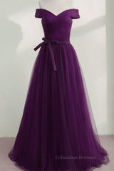 Fairy Dress, Off Shoulder Purple Tulle Long Prom Dresses, Off the Shoulder Purple Formal Dresses, Purple Evening Dresses